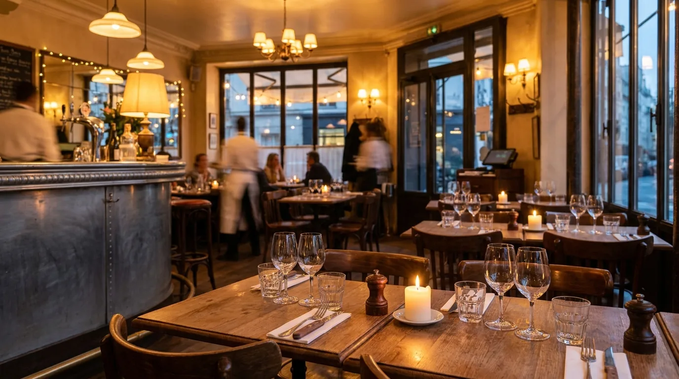Salle d'un restaurant parisien conviviale et remplie de clients en soirée