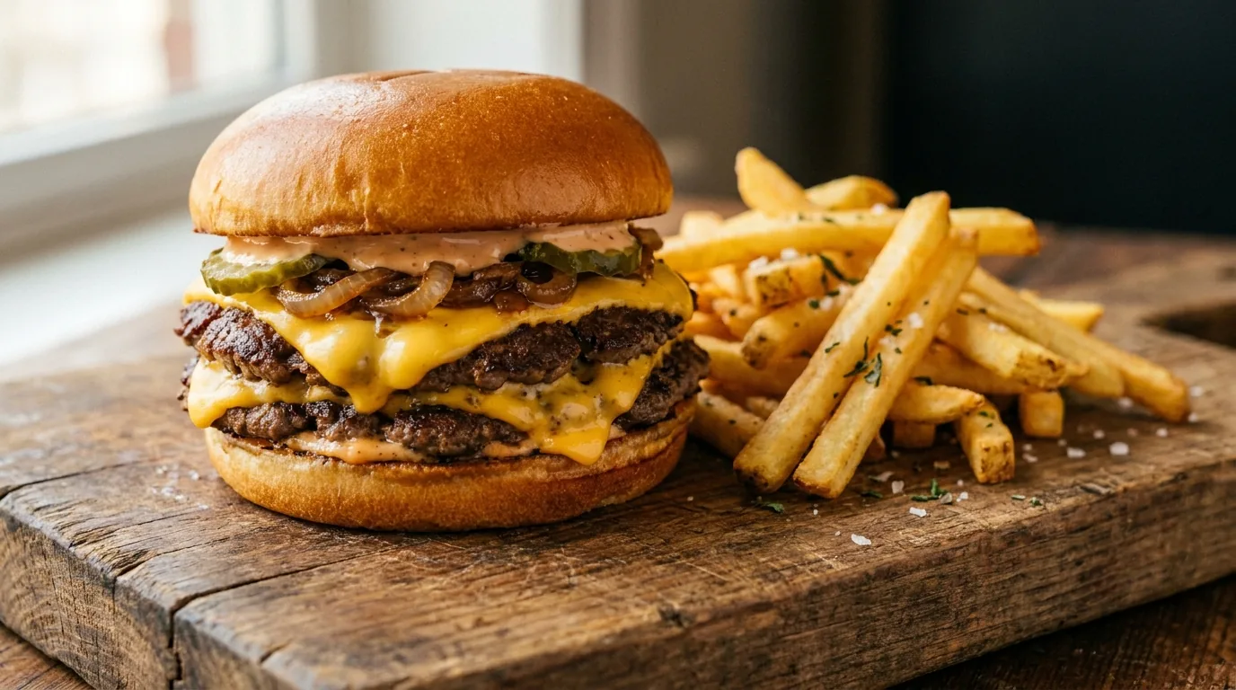 Burger gourmand et frites, exemple de belle photo de plat pour une fiche Google de restaurant