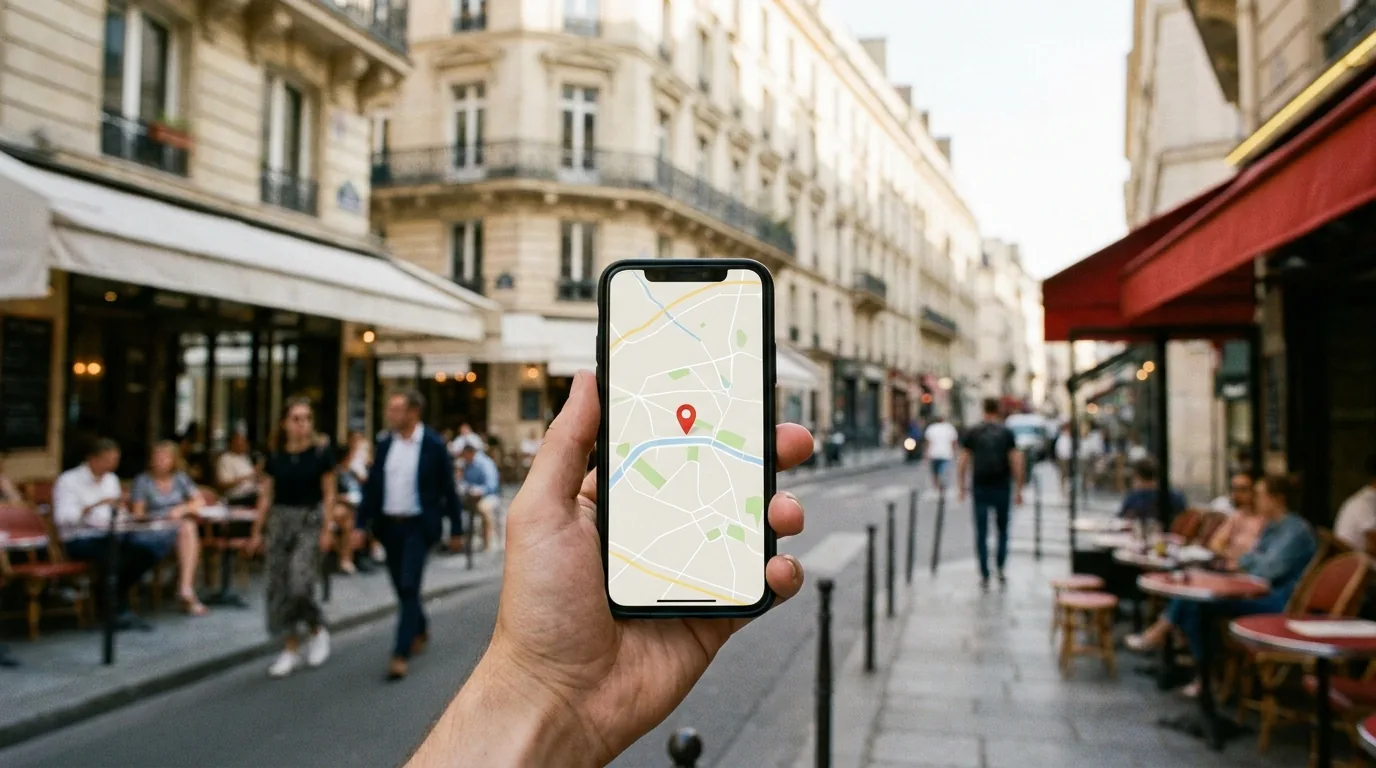 Recherche d'un restaurant à proximité sur une carte depuis un smartphone, dans une rue parisienne