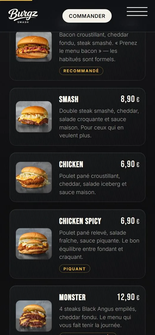 La carte du site Burgz Smash sur téléphone : photo et prix de chaque burger
